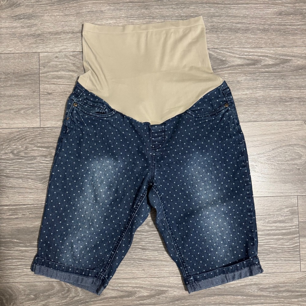 Planet Motherhood‎ Womens Maternity Denim Bermuda Shorts Polka Dot Blue Medium